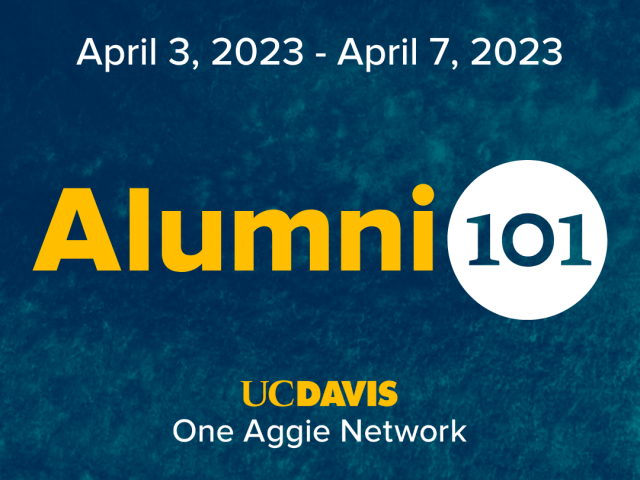 Alumni is written in yelllow with 101 in a white circle next to it. Both are on a navy background